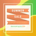 Summer sale flat vector banner template. Super discount offer in square frame, 50 percent lower price advert. Seasonal