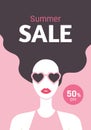 Summer Sale flyer design with beautiful long-haired girl with red lipstic and sunglasses. Stylish young woman. 50% off. - Vector Royalty Free Stock Photo