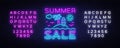 Summer Sale Flyer Design Template Vector. Summer discounts brochure with tropical landscape, modern trend design, neon