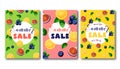 Summer sale flyers set with bright colorful fruits on green, pink and yellow background.