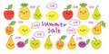 Summer sale. Funny fruits. Promotional banner with hand drawn cute pineapple, apple, pear, plum, apricot and lemon. Royalty Free Stock Photo