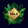 Summer Sale on golden rhombus and tropical leaves, palms, monstera leaf, floral vector background