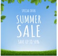 Summer Sale With Green Leaves Frame With Grass With Blue Background