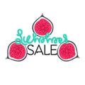 Summer sale. Hand drawn lettering with figs. Colorful tropical fruits. Discount. Shopping. Commerce