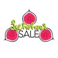 Summer sale. Hand drawn lettering with figs. Colorful tropical fruits. Discount. Shopping. Commerce