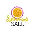 Summer sale. Hand drawn lettering with passion fruit. Colorful tropical fruits. Discount. Shopping. Commerce