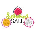 Summer sale. Hand drawn lettering with tropical fruits. Dragon fruit or pitaya, passionfruit, fig. Discount. Shopping