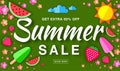 Summer sale horizontal flat banner with flat paper sun, watermelon, ice cream, strawberry, flower, vector elements. Royalty Free Stock Photo