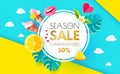 Summer Sale Layout Design Template. Paper Art. Season Offer Banner with Circle Banner, Citrus, Plumeria, Icecream, Lips