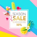 Summer Sale Layout Design Template. Paper Art. Season Offer Banner with Square Banner, Icecream, Hearts, Plumeria