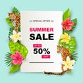 Summer sale with leopard, tropical leaves, flowers