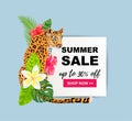 Summer sale with leopard, tropical leaves, flowers