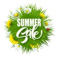 Summer sale lettering background with summer green grass and flowers. Vector illustration Royalty Free Stock Photo
