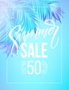 Summer sale lettering design in a colorful blue and purple palm tree leaves background. Vector illustration