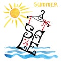 Summer Sale lettering.Shirt,watercolor sun,sea wave.Typographic