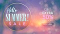 Summer sale marketing design banner with sunset beach background with bokeh.