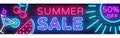 Summer Sale Neon Horizontal Banner Vector. Advertising banner in modern trend design, neon style, bright night Royalty Free Stock Photo