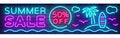 Summer Sale Neon Horizontal Banner Vector. Advertising banner in modern trend design, neon style, bright night Royalty Free Stock Photo