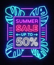 Summer sale neon sign. Design template typography poster Summer Sales, Tropical flowers in neon style, Summer discounts