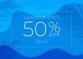 Summer sale 50% off banner template design. Swimming pool with palm leaves shadow top view background. Royalty Free Stock Photo