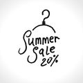 Summer Sale. 20% off. Hand lettering and sun vector poster.