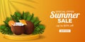 Summer sale offer banner template with coconut drink realistic vector with tropical leaves Royalty Free Stock Photo