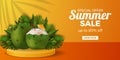 Summer sale offer banner template with coconut drink realistic vector with tropical leaves Royalty Free Stock Photo