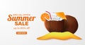 Summer sale offer banner template with 3d realistic coconut drink on the sand beach island Royalty Free Stock Photo