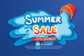 Summer sale with paper cut bucket and water for advertising blue