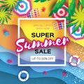 Summer Sale in paper cut style. Origami Beach rest. Summer vacantion poster. Top view on colorful beach elements. Square