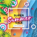 Summer Sale in paper cut style. Origami Beach rest. Summer vacantion poster. Top view on colorful beach elements. Square