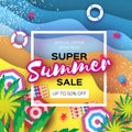 Summer Sale in paper cut style. Origami Beach rest. Summer vacantion poster. Top view on colorful beach elements. Square