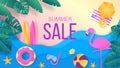 Summer sale paper cut. Travel and vacation discount banner with top view of sea beach with waves and leaves. Vector sale Royalty Free Stock Photo