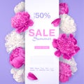 Summer sale design. Spring promo discount banner template with pink and white peonies flowers Royalty Free Stock Photo