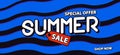 Summer sale 50 percent off promotion square website banner heading design on graphic blue & black wave background vector for Royalty Free Stock Photo