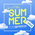 Summer sale 50 percent off promotion square website banner heading design on graphic blue sky & cloud background vector for banner Royalty Free Stock Photo