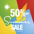 Summer sale 50 percent off windsurf board sun card color background vector Royalty Free Stock Photo