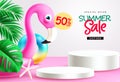 Summer sale podium text vector banner. Summer sale special offer text with pink flamingo floaters beach elements