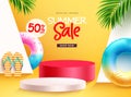 Summer sale podium vector banner design. Summer special offer text with floaters elements