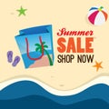 Summer sale poster banner promotion. shopping bag icon with sand beach background design Royalty Free Stock Photo