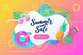 Summer sale poster or banner. Vector cartoon illustration. White frame with palm leaves, flamingo float and pineapple Royalty Free Stock Photo