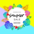 Summer sale poster of fruits and palm leaf vector online shopping banner Royalty Free Stock Photo