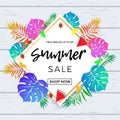 Summer sale poster of fruits and palm leaf vector online shopping banner Royalty Free Stock Photo