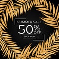 Summer sale poster. Natural Background with Tropical Palm gold Leaves. Vector Illustration