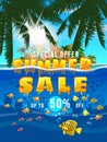 Summer Sale poster template. Exotic underwater life, fishes, seaweeds, palms, sun, sky Royalty Free Stock Photo