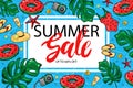 Summer sale promo banner. Seashells, camera, swimsuit, inflatable circle, palm leaves, hat, sun cream on a water background.
