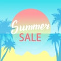 Summer sale promotion banner. Summer season discount lettering poster. Shop advertisement leaflet with beach and palms background Royalty Free Stock Photo