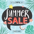 Summer sale promotion banner template. Creative lettering, tropical leaves, sea surface, flowers and fruit. Royalty Free Stock Photo