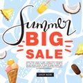 Summer sale promotion banner template. Ice cream, coconut, pineapple, lemonade and lettering for seasonal sales.