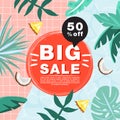 Summer sale promotion banner template. Palm leaves, coconut and pineapple for seasonal sales.